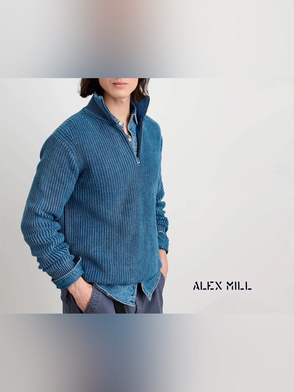 ALEX MILL Unisex Chunky Cotton Yarn Crosby Blue Ribbed Half-Zip Pullover Sweater - Picture 15 of 16